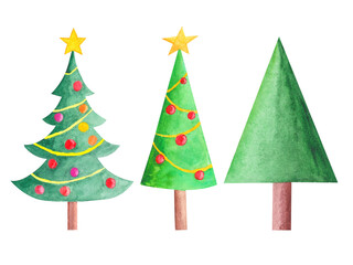Watercolor illustration of decorated and undecorated Christmas trees. Clipart of evergreen trees.