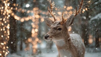 Deer with Lights in Snowy Forest