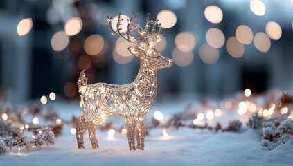 Illuminated Wireframe Reindeer in Winter Snow