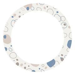 Decorative frame with abstract illustration features irregular circles and spots in soft tones of blue, beige, gray, and cream. 