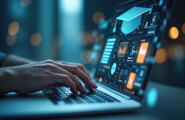 Person types on laptop displaying futuristic data graphs and charts. Digital interface shows analytics and progress bars. Online learning and remote work concept, modern tech.