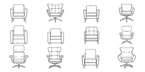 CAD Drawings. Various armchairs front elevation view isolated on white background. Vector illustration.