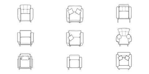 CAD Drawings. Various armchairs top elevation view isolated on white background. Vector illustration.