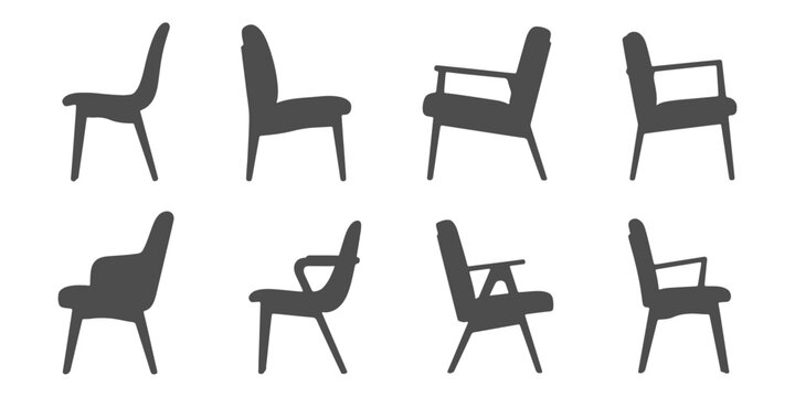 CAD Drawings. Silhouette of Various chairs side view isolated on white background. Vector illustration.
