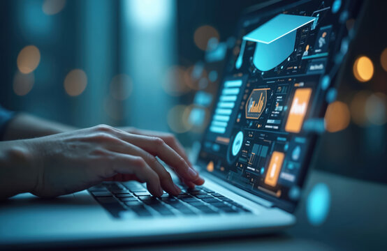 Person types on laptop displaying futuristic data graphs and charts. Digital interface shows analytics and progress bars. Online learning and remote work concept, modern tech. - Powered by Adobe