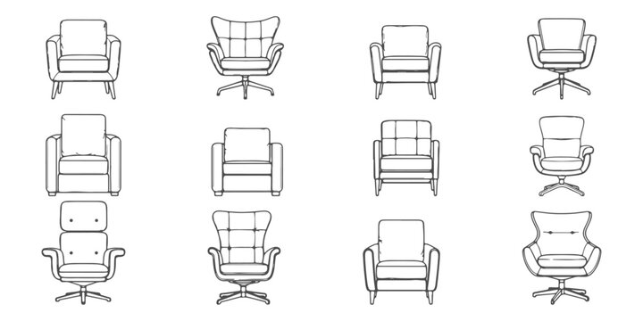 CAD Drawings. Various armchairs front elevation view isolated on white background. Vector illustration.