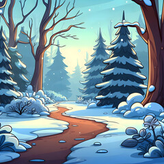 Snowy Pine Forest – Daylight Winter Scene Digital Painting in Blue Tones