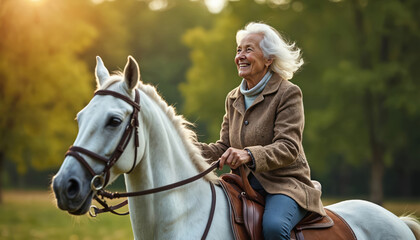Smiling senior woman rides white horse in grassy field with trees. Mature female enjoys countryside equestrian activity on sunny day. Elderly person with gray hair in casual outfit.