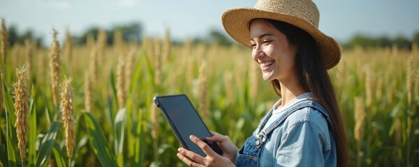Asian woman farmer uses tablet in cornfield. Smiling agronomist inspects crops with digital device. Young entrepreneur works in agriculture using modern tech on smart farm monitoring data for
