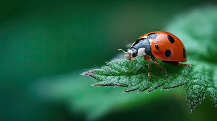 Naklejka premium A ladybug on a green leaf