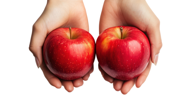 Two ripe red apples held in cupped hands isolated on transparent background