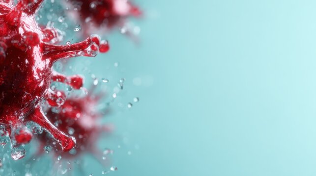 An intricate, microscopic view of a red virus, depicted with water droplets, highlights the complex structure and biological significance, showcasing science's intriguing beauty.