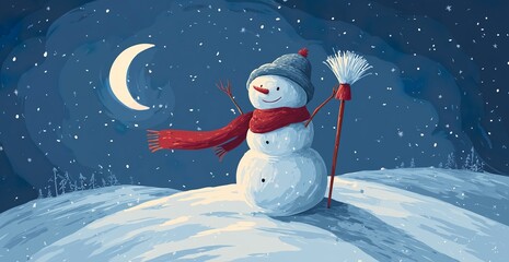 Cheerful Snowman in a Winter Night Landscape