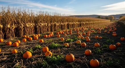 Autumn Harvest - Pumpkins and Corn Stalks in a Rural Landscape.