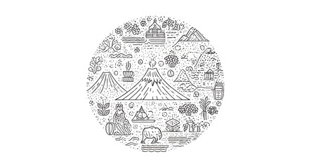 Explore Java nature with volcanoes, elephants and plants in this unique black line art design