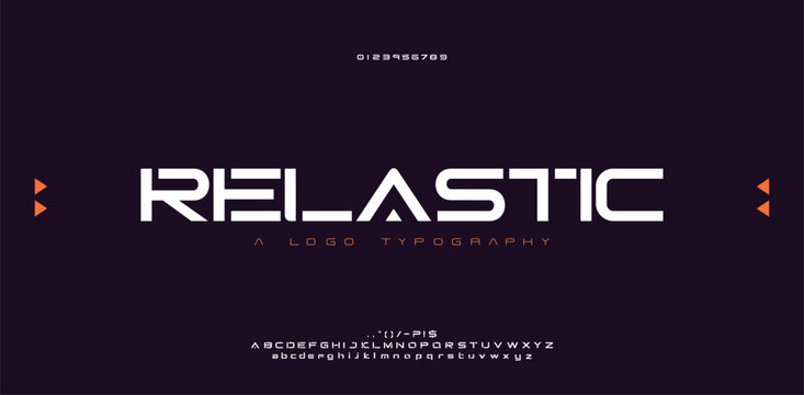 Tech font, digital alphabet, thin Latin letters A, B, C, D, E, F, G, H, I, J, K, L, M, N, O, P, Q, R, S, T, U, V, W, X, Y, Z and Arab numerals 0, 1, 2, 3, 4, 5, 6, 7, 8, 9 made in design cyber future