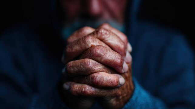 The rough, calloused hands of an elderly man clasped in prayer, symbolizing wisdom, experience, and a deep connection to spirituality, set against a dark, moody background.