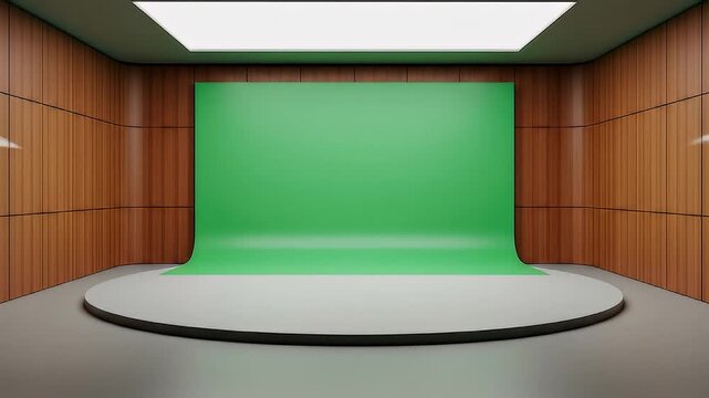 Empty Modern Green Screen Studio With Wooden Walls And Circular Stage Ready For Filming With Soft Overhead Lighting