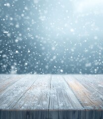 Winter Snowfall on Wooden Table Background