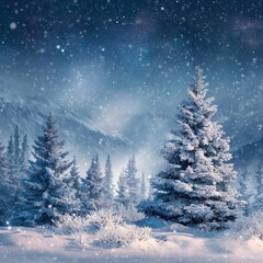 Snowy Winter Landscape with Pine Trees and Mountains