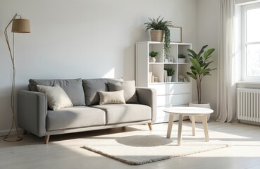 Fototapeta premium Bright, modern living room with gray sofa, white shelves, plants. Sunlight streams through window onto light wood floor, creating cozy atmosphere. Minimalist interior decor with soft pillows, floor