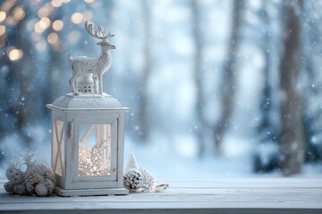 Winter Lantern with Reindeer on Snowy Background