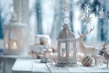 Elegant winter lantern with snowy decorations and deer figurines