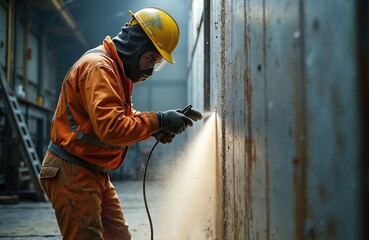 Worker in protective gear sandblasts metal surface preparing it for paint. Grit blasting cleans rust and debris on steel structure. Industrial process in factory workshop safety.