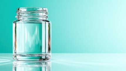 This minimalistic image showcases a clear glass jar filled with water, creating a sense of purity and simplicity, making it ideal for concepts related to health, wellness, and clarity.