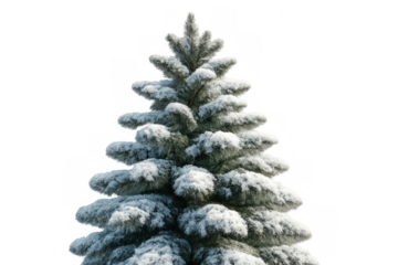 Christmas tree covered in fresh snow, celebrating winter holiday season, pine tree cutout on transparent background