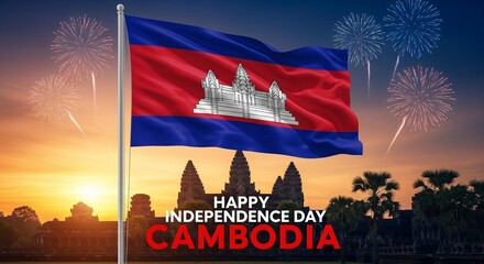 Happy Cambodia Independence Day Celebration with Angkor Wat and Fireworks