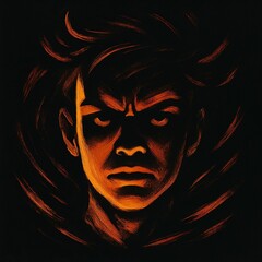 Angry face with fiery light on black brushstroke background