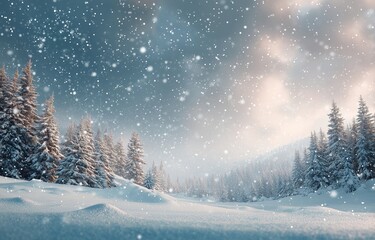 Snowy Winter Landscape with Pine Trees and Falling Snow
