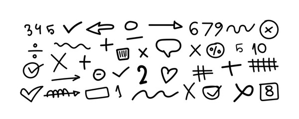 Hand-Drawn Doodle Numbers and Math Symbols Vector Set, Educational, Sketch, Arithmetic Elements