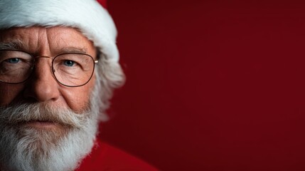 Naklejka premium A detailed portrait of a bearded Santa Claus wearing glasses and a red hat, evoking the spirit of Christmas and capturing the warmth and joy of the holiday season.