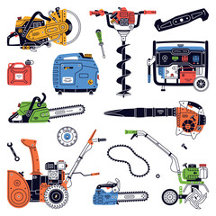 Petrol Hand Tools and Equipment for Repair Work Vector Set