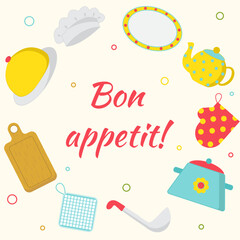 Bon appétit, Tableware, chef's hat, saucepan, teapot, plate, dish, ladle, mitten, potholder, napkin, kitchen, food, wooden cutting board