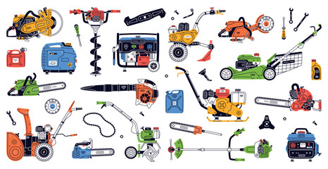 Petrol Hand Tools and Equipment for Repair Work Vector Set