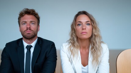 A contemplative scene featuring two serious individuals seated side by side, dressed formally, reflecting a mood of professionalism and seriousness in a clean environment.