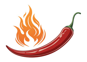 Spicy hot chili pepper with stylized orange flame, symbolizing hot and spicy food, heat, and fiery flavor. Isolated on white background. Perfect for food, restaurant, or spice concepts. PNG 2