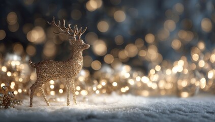 Glittering Gold Reindeer on Snowy Background