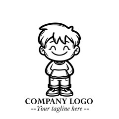 Black and White Chibi Boy Illustration with Jacket and Boots in Bold Thick Line Art Minimal Style