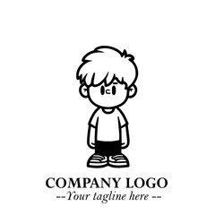 Black and White Chibi Boy Illustration with Jacket and Boots in Bold Thick Line Art Minimal Style