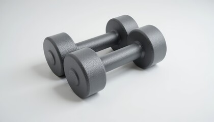 gray dumbbells on a white background . A pair of matte gray dumbbells rests on a clean white surface, ready for strength training