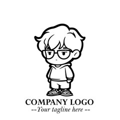 Black and White Chibi Boy Illustration with Jacket and Boots in Bold Thick Line Art Minimal Style