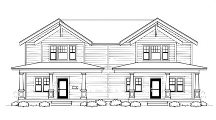 Classic Craftsman Duplex — A symmetrical black and white drawing of a Craftsman-style duplex, with low-pitched gable roofs, twin front porches with thick columns, and evenly spaced windows; rendered i
