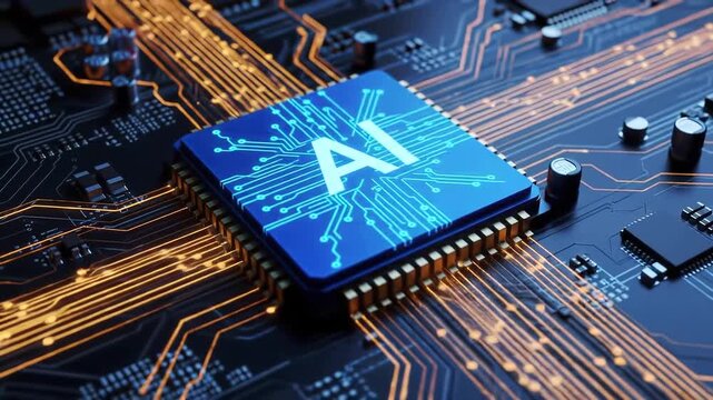 Closeup of a glowing blue AI processor chip on a dark circuit board symbolizing artificial intelligence machine learning and advanced computing technology with intricate golden pathways. - Powered by Adobe
