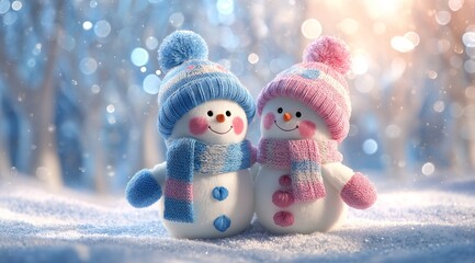 Cute Snowmen Wearing Hats and Scarves in Winter Wonderland