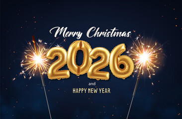 3d realistic vector illustration. 2026 new year and Christmas celebration banner with sparkly fireworks sticks and golden ballon numbers 2026 on dark background.