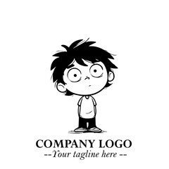 Black and White Chibi Boy Illustration with Jacket and Boots in Bold Thick Line Art Minimal Style